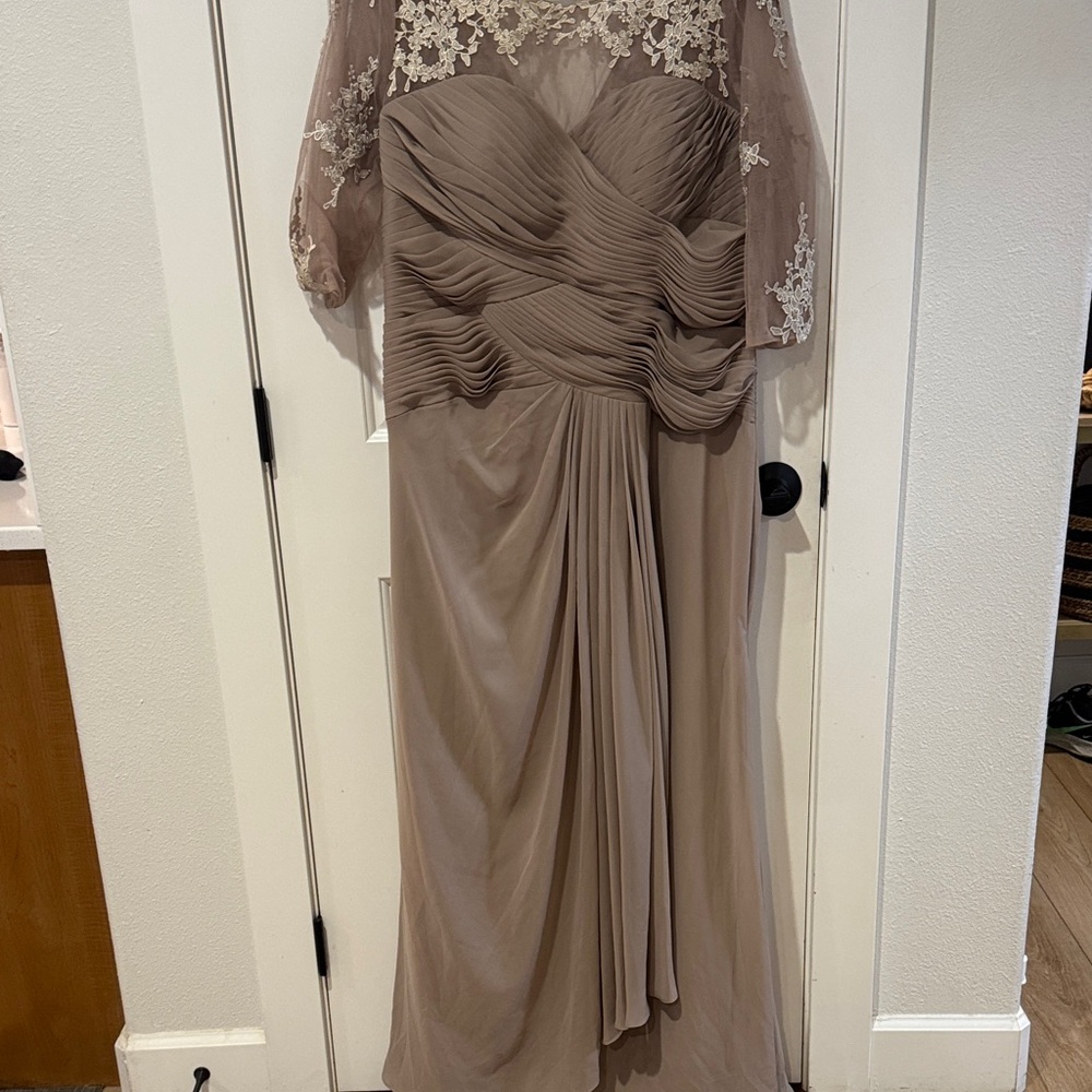 JJs House Long Sleeve Lace Dress in Taupe Mother of the Bride